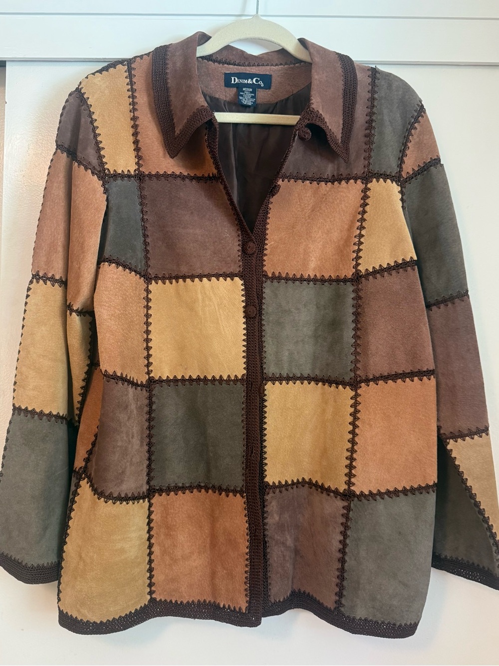 Denim&Co Brown Patchwork Suede Genuine Leather Jacket - Medium